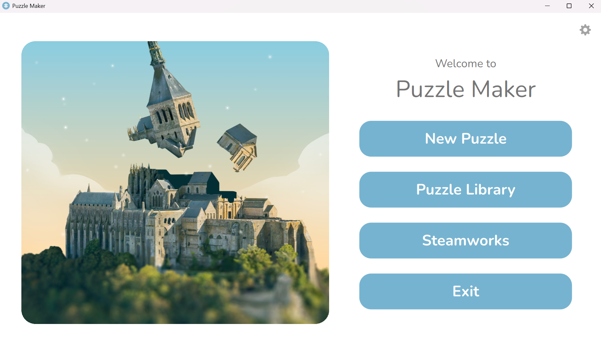 Screenshot of the UI for Puzzle Maker, picture of a puzzle on the left, 4 buttons on the right.